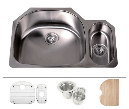 32 Inch Stainless Steel Undermount Double D-bowl Offset Kitchen Sink - 16 Gauge Free Accessories