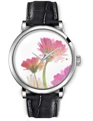 SPRAWL Aanalog Fashion Series Silver Ladies Watches of Genuine Black Leather Strap,Unique Wrist Watch for Women Girls Designed with Pink daisies with faces