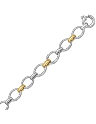 18K Yellow Gold and Sterling Silver Rhodium Plated Cable Motif Chain Bracelet