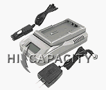 Ultra fast camcorder/digital camera battery charger with AC adapter and DC adapter. Can be used from wall plug or cigarette lighter.