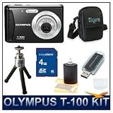 Olympus T-100 Digital Camera (Black), 12 Megapixels, 3x Optical Zoom, 2.4" LCD Monitor, 4 GB Memory Card, Card Reader, Deluxe Carrying Case, Tripod, and Lens Cleaning Kit