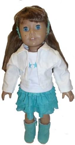5 PC. Set with White Jean Jacket, t-Shirt, Skirt, Headband & Boots Outfit for 18 inch Dolls Like American Girl - Made in The USA!
