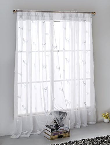 2 Piece Butterfly Embroider Sheer Voile Window Curtain Panel Drapes White Color Medium Size