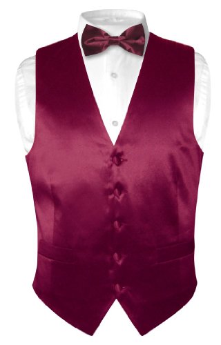 Beat Deal Biagio Men's Solid BURGUNDY SILK Dress Vest Bow Tie Set for Suit or Tuxedo