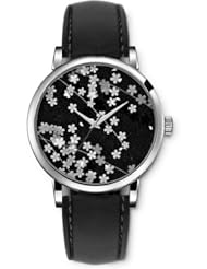 SPRAWL Aanalog Fashion Series Silver Ladies Watches of Genuine Black Leather Strap,Unique Wrist Watch for Women Girls Designed with white Flowers