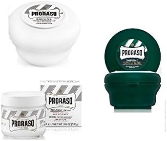 Pro'raso Shave Soap, Sensitive 150 ml + shaving soap menthol and eucalyptus 4oz + Pre Shaving Cream w/ Green Tea &amp; Oatmeal 100 ml