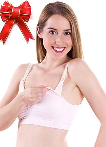 MommyLovesMe Maternity Nursing Bra - Wireless T-Shirt Bra with Removable Pads, Pink L