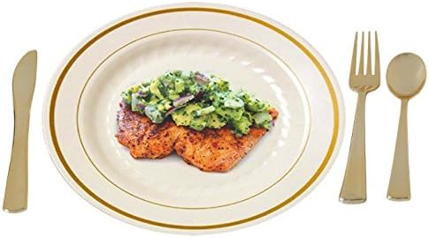 Spoon and Fork Set Gold Plastic Silverware for 24 Guest. Includes 24 Elegant Plastic Dinner Plates - 25 Gold Forks - 25 Gold Spoons - 25 Gold Knives - All Look Convincingly Real