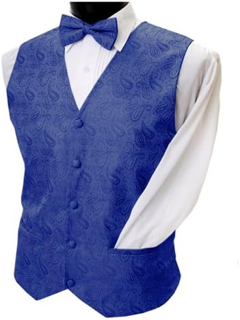 Tuxedo Vest Men's Paisley Solid Full Back Poly Woven Vest with matching banded bowtie, SMALL CHEST 34-36, ROYAL BLUE