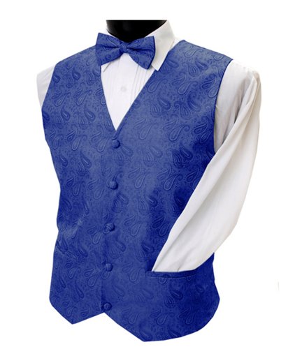 Tuxedo Vest Men's Paisley Solid Full Back Poly Woven Vest with matching banded bowtie, SMALL CHEST 34-36, ROYAL BLUE