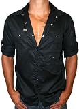 BLAC LABEL Mens Urban Tattoo Button Front Casual Long Sleeve Shirt Top Caviar Black