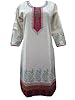 Womens Long Kurta Tunics White Dress Pink Printed Linen Cotton Kurti Caftan Dress M