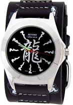 Chinese Character Wide Black Leather Dragon Band Circle Trendy Design Steel Gothic Punk Biker Wristband Watch