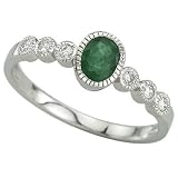 14K White Gold Oval Emerald & Bezel Set Diamond Ring