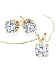 Diamond Solitaire Necklace & Diamond Stud Earrings Set 1.0 Carat (ctw) in 10K Yellow Gold