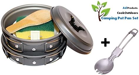 Complete 9pc Outdoor Cooking Pot Pan Bowl Set with FREE Stainless Steel Spork - Innovative Portable and Lightweight - Camping Backpacking Hiking Trekking Fishing Picnic Cookware