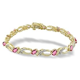 14K Yellow Gold Genuine Pear Pink Tourmaline and Diamond Bracelet by Jewels For Me