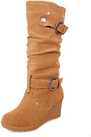QueenFashion Womens Closed Toe Round Toe Kiitten Heels Imitated Suede Frosted Solid Boot with Rivet, Yellow, 36
