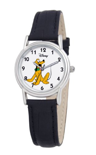 Disney Women's D074S005 Pluto Black Leather Strap Watch