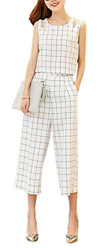 Notting hill 春夏 大人 レディース ツーピース 上下セット ノースリーブ ワイドパンツ 格子柄 カジュアル シンプル きれいめ クール シック OL スタイル ホワイト グレー ブラック サイズ S〜XL SSK-0192