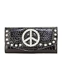 Black Crocodile Pattern Rhinestone Peace Sign Wallet for Women