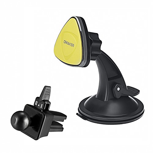Omaker マグネット式車載スマホホルダー　エアコン吹き出し口用とダッシュボード用スマホスタンドの組み合わせ　iPhoneSE/iPhone6s/sony/XperiaZ5/カーナビなどに対応するカーマウント（ブラック+イエロ）OMA4130