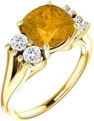 18K Yellow Gold 8.00x8.00mm Antique Cushion Cut Citrine and Diamond Ring -- LIFETIME WARRANTY