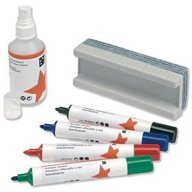 5 Star Office Drywipe Starter Kit of Drywipe Eraser and 100ml Cleaner and 4 Whiteboard Markers Assorted