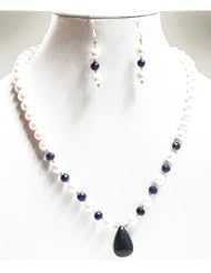 Natural Beautiful Handmade Pearl & Sapphire Drop Beaded Necklace with Free Earrings