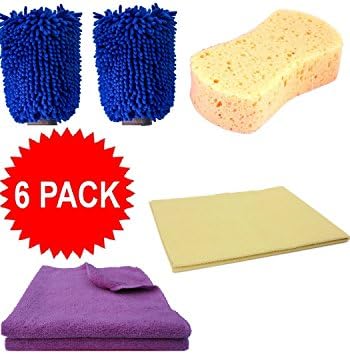 Pack of 6, Car Wash Kit Assorted With Wash Mitt , Drying Towel, Drying Chamois, Cleaning Sponge Pad