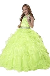 Girls Crystal Beaded Backless Crystals Sequined Lace Organza Halter Floor Length Flower-Girl Dress/Pageant Dress 