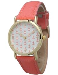 Womens Geneva Multi Anchor Design Gold Trim Leather Watch - Coral