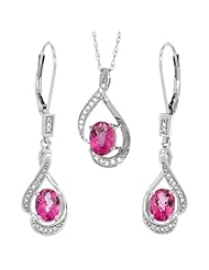 14K White Gold Natural Pink Topaz Lever Back Earrings & Pendant Set Diamond Accent