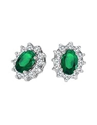 14K White Gold Oval Emerald and Diamond Earrings
