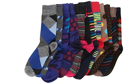 Funky Socks Mens Colored Socks with Assorted Patterns, 12 Pack