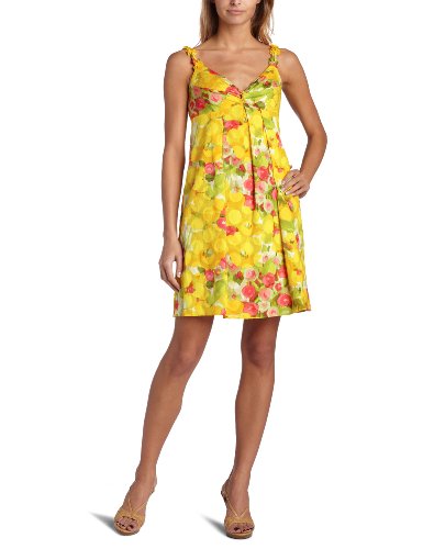 London Times Women's Knot Front Cotton Babydoll Dress,Yellow/Coral,8