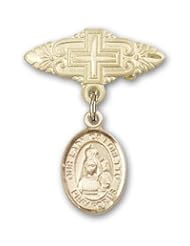 14K Gold Baby Badge with Our Lady of Loretto Charm and Badge Pin with Cross