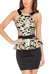 Floral Print Polyester Cocktail Backless Sequined Peplum High-Neck Club Dress/Evening Dress/Prom Dress/Party Dress/Mini Dress 