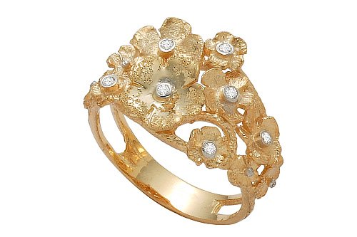 14K Yellow Gold Hand-Crafted Matte-Finish Bouquet of Flowers Designer Ring, Enhanced with White Gold Bezel Set Diamonds.