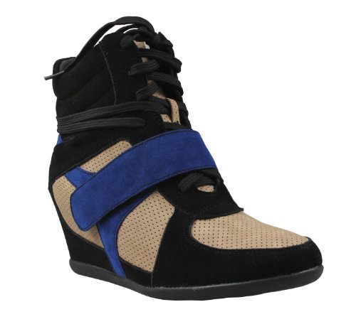REFRESH DAKOTA-02 Women's lace up wedge sneaker with hidden heels with micro suede and mesh upper and padded ankle