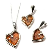 .925 Sterling Silver and Top Quality Certified Honey Amber Love Collection Pendant on Italian Sterling Silver Rolo Chain 18 + Earrings Jewelry Set