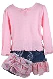 BT Kids Toddler Girls/Girls New Fall Winter Denim Flowered Tiered Scooter Skirt and Pink Long Sleeved Top Set with Matching Purse