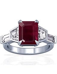 18K White Gold Emerald Cut Ruby Ring With Sidestones