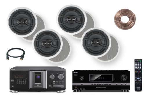 Sony 300-Disc Mega-Storage CD Changer / Player + Sony HD Digital Cinematic Sound 700 Watts 7.1 Channel 3D A/V Receiver + Yamaha Custom Easy-to-install Natural Sound In-Ceiling 3-Way 100 watts Speaker (Set of 4) with Dual Tweeters & 6-1/2 Woofer + 100ft 16