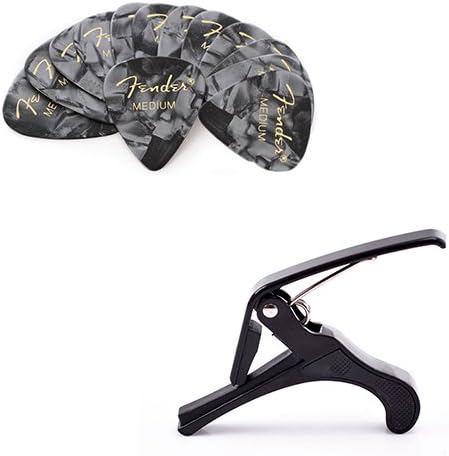 Fender 351 Premium Celluloid Guitar Picks Bakers Dozen (13 Pack) Black Moto Medium w/Bonus Capo