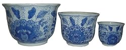 Blue & white round planters - set of 3