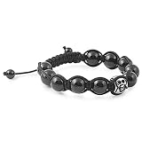 Shiny Onyx and Skull Carving Design Bead Macrame Bracelets - (11) 10mm Beads - Adjustable Length