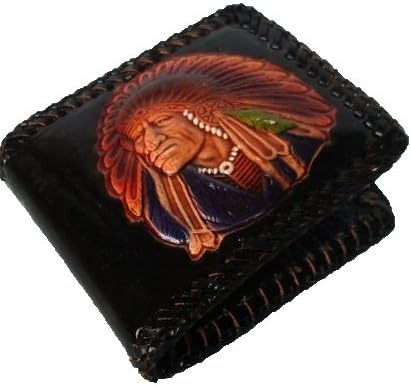 WITH CHAIN AND CLOSED SNAP RED INDIAN Biker / Trucker Cowhide Leather Bifold Men's Wallet with Stitch Edge /Black from Thailand