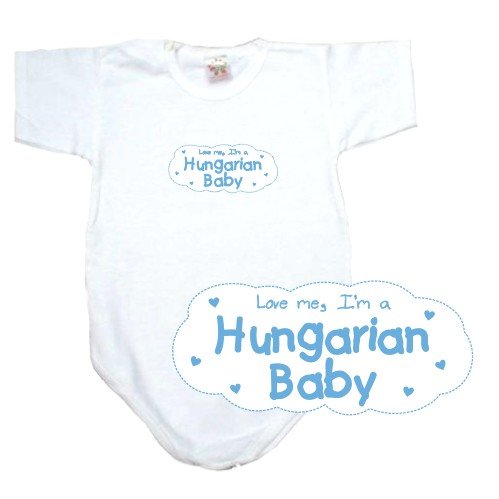 BABY BODYSUIT WHITE  LIGHT BLUE CLOUD LOVE ME , I'M HUNGARIAN  HUNGARY 6 - 9 Months