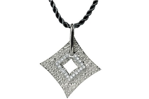 14K White Gold Hammered-Finish Sliding Diamond-Shaped Pendant, Enhanced with Pave Set Diamonds, Set on a Black Silk Cord Necklace with an 18K Yellow Gold Clasp.